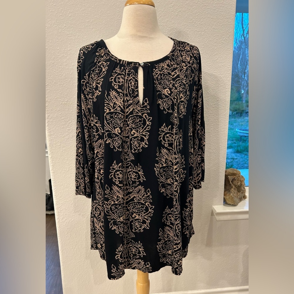Lucky Brand Black Floral boho Print key hole neckline lightweight Tunic Top 3X